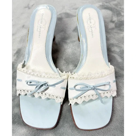 Chinese Laundry Jove Shoes Womens Size 8 Blue Mule Heels Lace Bow Open Toe - Picture 2 of 14